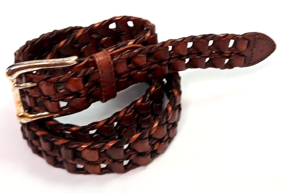Vintage Men’s Brown Braided Leather Belt Size 38 Silver Tone Buckle